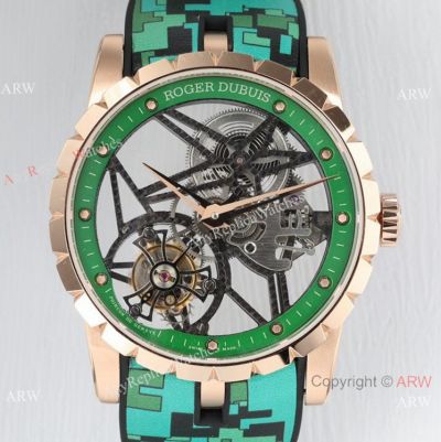 BBR Factory Roger Dubuis Excalibur Skeleton Flying Tourbillon Watch Rose Gold Green Dial